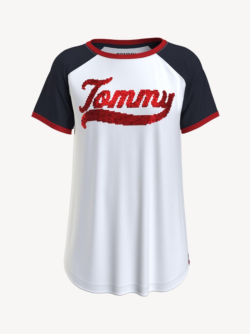 Női Tommy Hilfiger Tommy Sequin Baseball Póló Fehér Színes | HU 484VRW